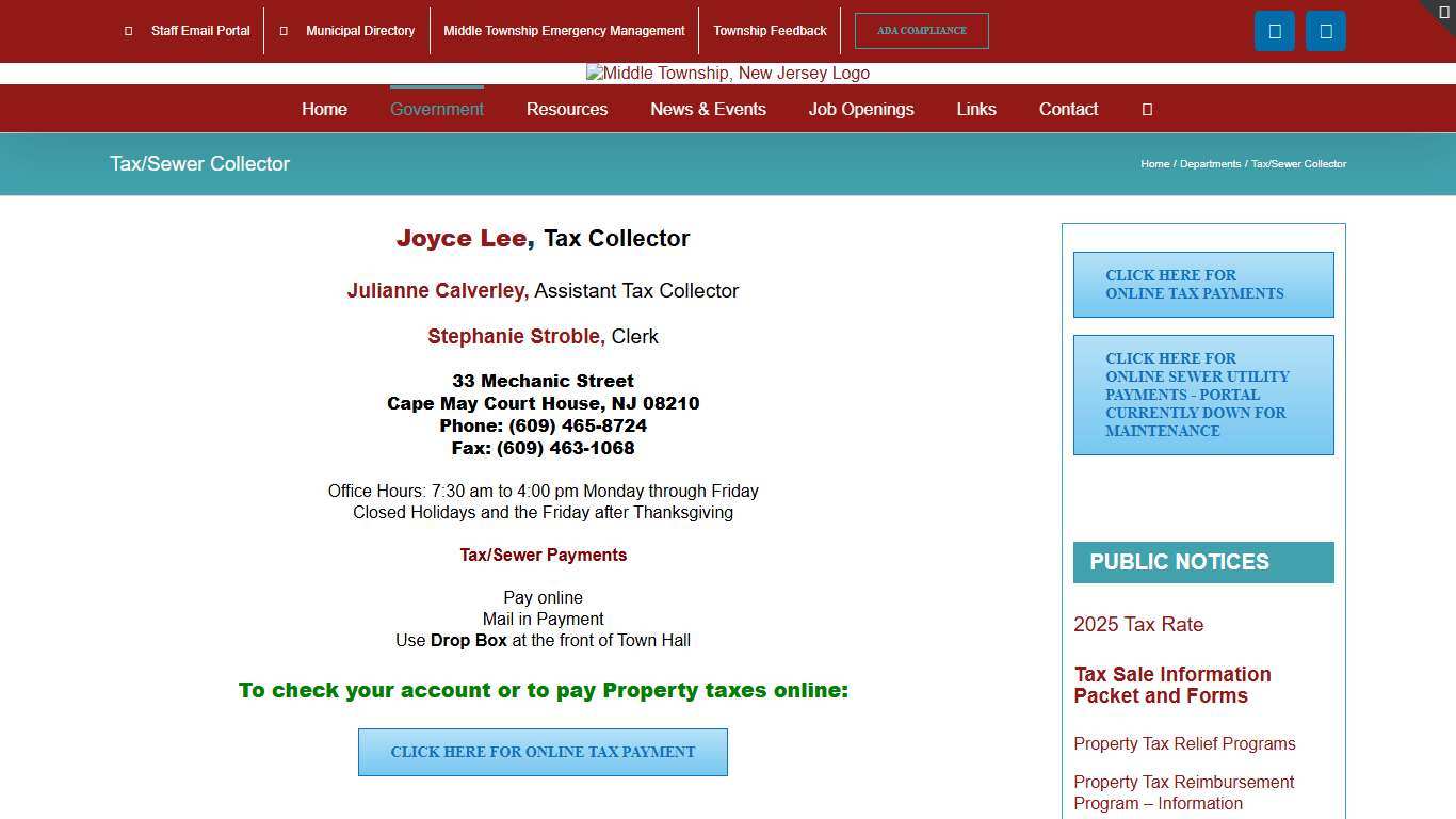 Tax/Sewer Collector - Middle Township, New Jersey